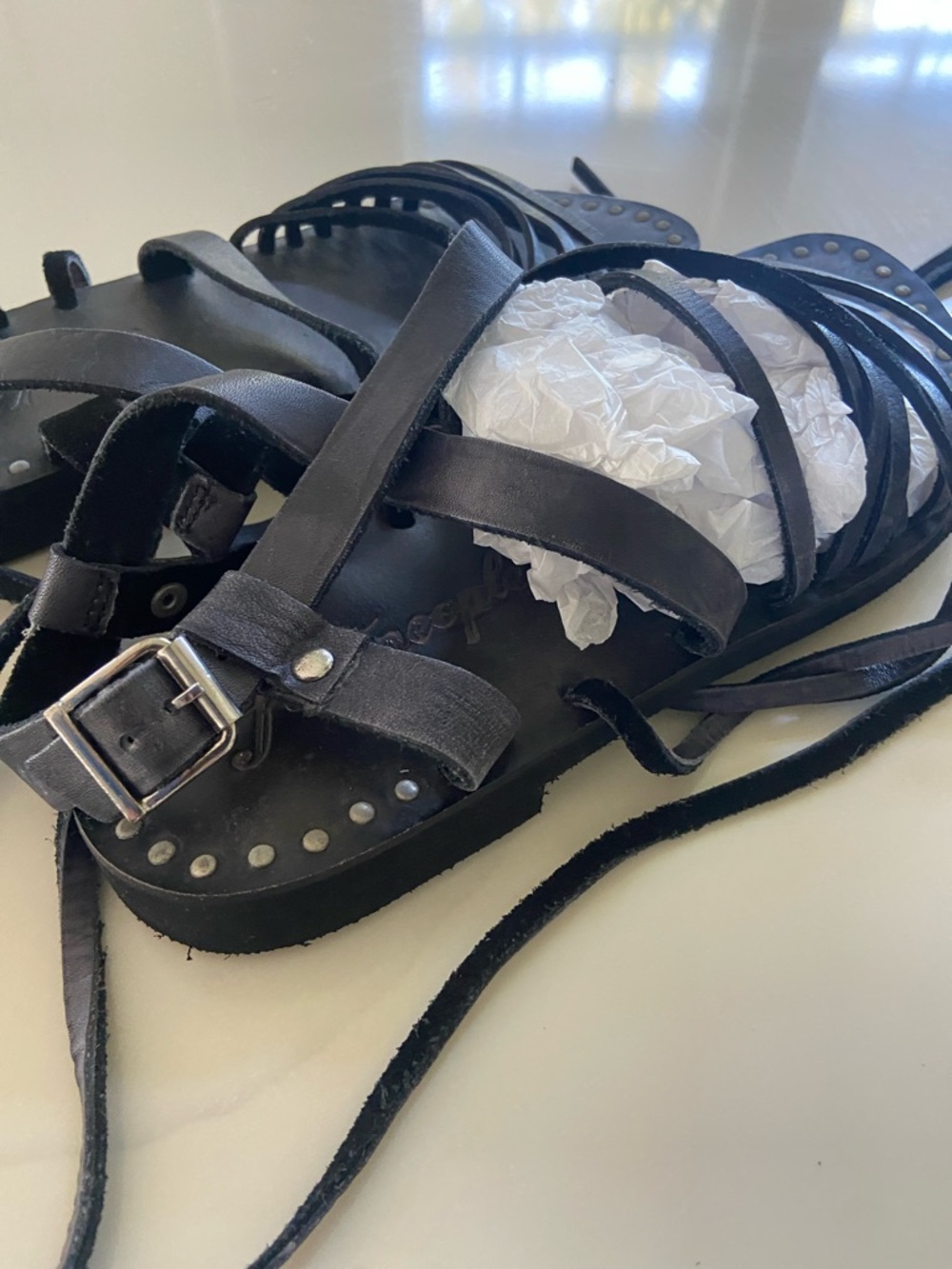 Black Strappy Lace-Up Studded Flat Sandals free people. Never worn perfect - Picture 9 of 13